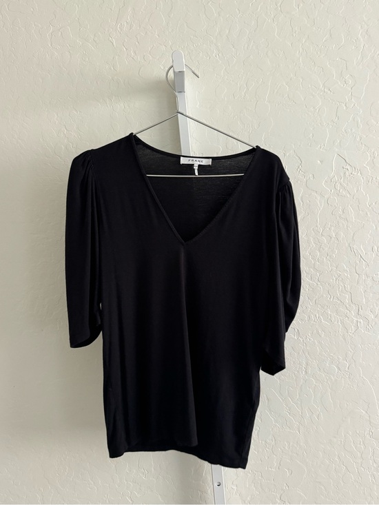 Frame Denim Tops - Frame Denim Black V-Neck Short Puff Sleeve Top
